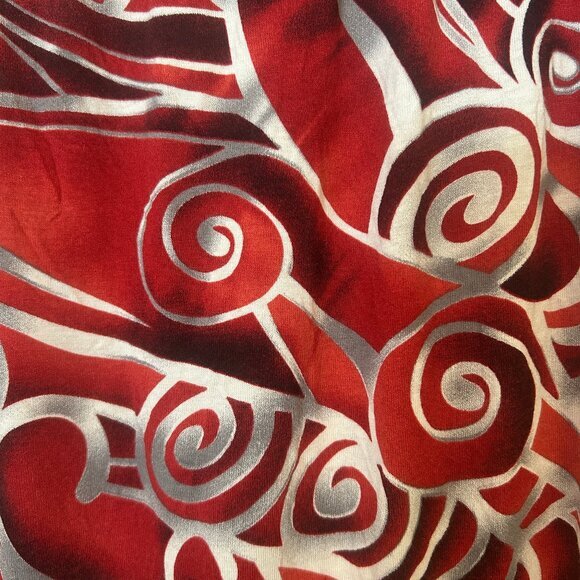 BCBGMaxAzria 3/4-sleeve scoopneck blouson dress, red swirl pattern, sz M - Picture 3 of 9